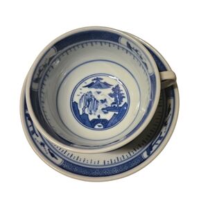 Vintage Blue & White Chinese Tea Cup And Saucer Set Hand Painted Handle 2 Pc Set